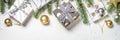 Christmas background with Gold and white present box and decorat Royalty Free Stock Photo