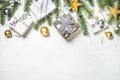 Christmas background with Gold and white present box and decorat Royalty Free Stock Photo