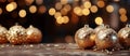 Christmas background with golden decorations, baubles and bokeh. Merry Xmas. Happy New Year. Generative Ai Royalty Free Stock Photo