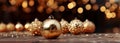 Christmas background with golden decorations, baubles and bokeh. Merry Xmas. Happy New Year. Generative Ai Royalty Free Stock Photo