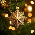 Christmas background with golden snowflake hanging on christmas tree, closeup Royalty Free Stock Photo