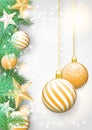 Christmas background with green branches and yellow ornaments Royalty Free Stock Photo