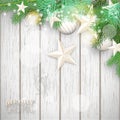 Christmas background with green branches and yellow ornaments