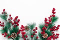 Christmas background with green fir tree branches, pine cones and red berries on a white backdrop. Template with copy space. Royalty Free Stock Photo