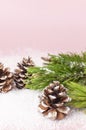 Christmas background, green pine branches, cones decorated with snow on snowy pink background. Creative composition with border Royalty Free Stock Photo