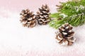 Christmas background, green pine branches, cones decorated with snow on snowy pink background. Creative composition with border Royalty Free Stock Photo