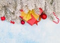 Christmas background with green Xmas tree twig and New Year decoration Royalty Free Stock Photo