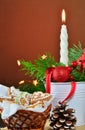 Christmas background, greeting card with burning candle Royalty Free Stock Photo