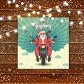Christmas background with Greeting card with hand drawn Santa Claus on a motorbike with a backpack of gifts. Garlands. Hand made