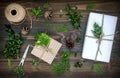 Christmas background with hand crafted gifts, presents on rustic wooden table. Christmas DIY packing. Overhead, flat lay, top view Royalty Free Stock Photo