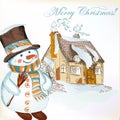Christmas background with hand drawn snowman and little house Royalty Free Stock Photo