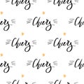 Christmas background with handdrawn lettering Cheers black fonts with yellow star. Cute doodle seamless pattern for New Year invit