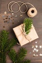 Christmas background with handmade gifts wrapping, presents on rustic wooden table