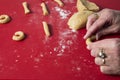 Christmas background with hands preparing czech traditional homemade christmas cookies and sweets.