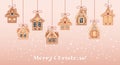 Christmas background with hanging cute gingerbread houses in the snow, greeting card template. Illustration in flat style.