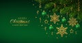 Christmas background with hanging golden snowflakes and green balls, gold metallic stars, confetti, pine branches. Merry christmas Royalty Free Stock Photo