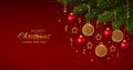 Christmas background with hanging golden snowflakes and red balls, gold metallic stars, confetti, pine branches. Merry christmas Royalty Free Stock Photo