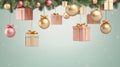 Christmas background with hanging ornaments and gift boxes. Pastel colors pink gold mint with golden lights