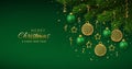 Christmas background with hanging shining golden and green balls, gold metallic stars, confetti, pine branches. Merry christmas Royalty Free Stock Photo