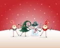 Christmas background. Happy friends three Gnomes and Snowman celebrate Christmas and New Year on red winter landscape
