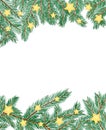 Christmas background, holiday greetings, needles decorated with Christmas tree branches with stars, postcard on white background,