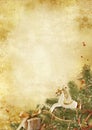 Christmas background. Holiday vintage card with Christmas decorations and rocking horse. Copy space