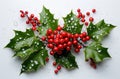 Christmas background with holly berries and leaves on white, closeup, top view