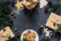 Christmas background with homemade gifts, christmas decorations, cookies and free space, top view. Flat lay Royalty Free Stock Photo
