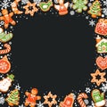 Christmas background with homemade gingerbread cookies frame on black. Place for text. Hand drawn vector illustration Royalty Free Stock Photo