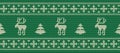 Christmas background. Knitted pattern with deers and fir trees on a green background