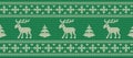 Christmas background. Knitted pattern with deers on a green background