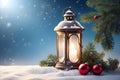 Christmas background with a lamp, ornaments, and a Christmas tree in the snow.
