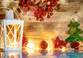 Christmas background with lantern lamp and decorations. Happy New Year and Merry Christmas greeting card Royalty Free Stock Photo