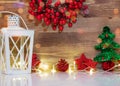 Christmas background with lantern lamp and decorations. Happy New Year and Merry Christmas greeting card Royalty Free Stock Photo