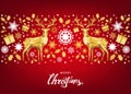 Christmas background with lettering and gold Xmas deer and snowflakes.