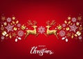 Christmas background with lettering and gold Xmas deer and snowflakes.