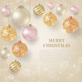 Christmas background with light Christmas baubles. Elegant Christmas background with gold and white evening balls Royalty Free Stock Photo