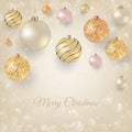 Christmas background with light Christmas baubles. Elegant Christmas background with gold and white evening balls Royalty Free Stock Photo