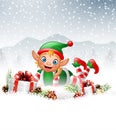 Christmas background with little elf laying on the snow Royalty Free Stock Photo