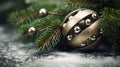 Christmas background with a metal ball and fir tree branches, AI Royalty Free Stock Photo