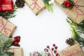 Christmas background, mock up with gift boxes and winter decoration., on white background. Winter holidays. Top view with copy Royalty Free Stock Photo