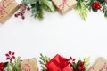 Christmas background, mock up with gift boxes and winter decoration., on white background. Winter holidays. Top view with copy Royalty Free Stock Photo