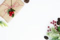 Christmas background, mock up with gift boxes and winter decoration., on white background. Winter holidays. Top view with copy Royalty Free Stock Photo