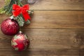 Christmas background mock up red baubles decoration with fir branches on wooden background, copy space Royalty Free Stock Photo