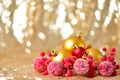 Christmas background, new year close up red and gold decoration balls on glitter abstract blurred holiday bokeh background Royalty Free Stock Photo