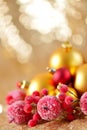 Christmas background, new year close up red and gold decoration balls on glitter abstract blurred holiday bokeh background Royalty Free Stock Photo