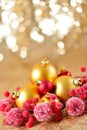 Christmas background, new year close up red and gold decoration balls on glitter abstract blurred holiday bokeh background Royalty Free Stock Photo