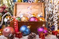 Christmas background with old wooden box and the Royalty Free Stock Photo