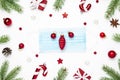 Christmas background during pandemic of Covid 19 made from face mask, fir tree and decorations on white background