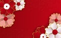 Christmas background with paper flowers on red background